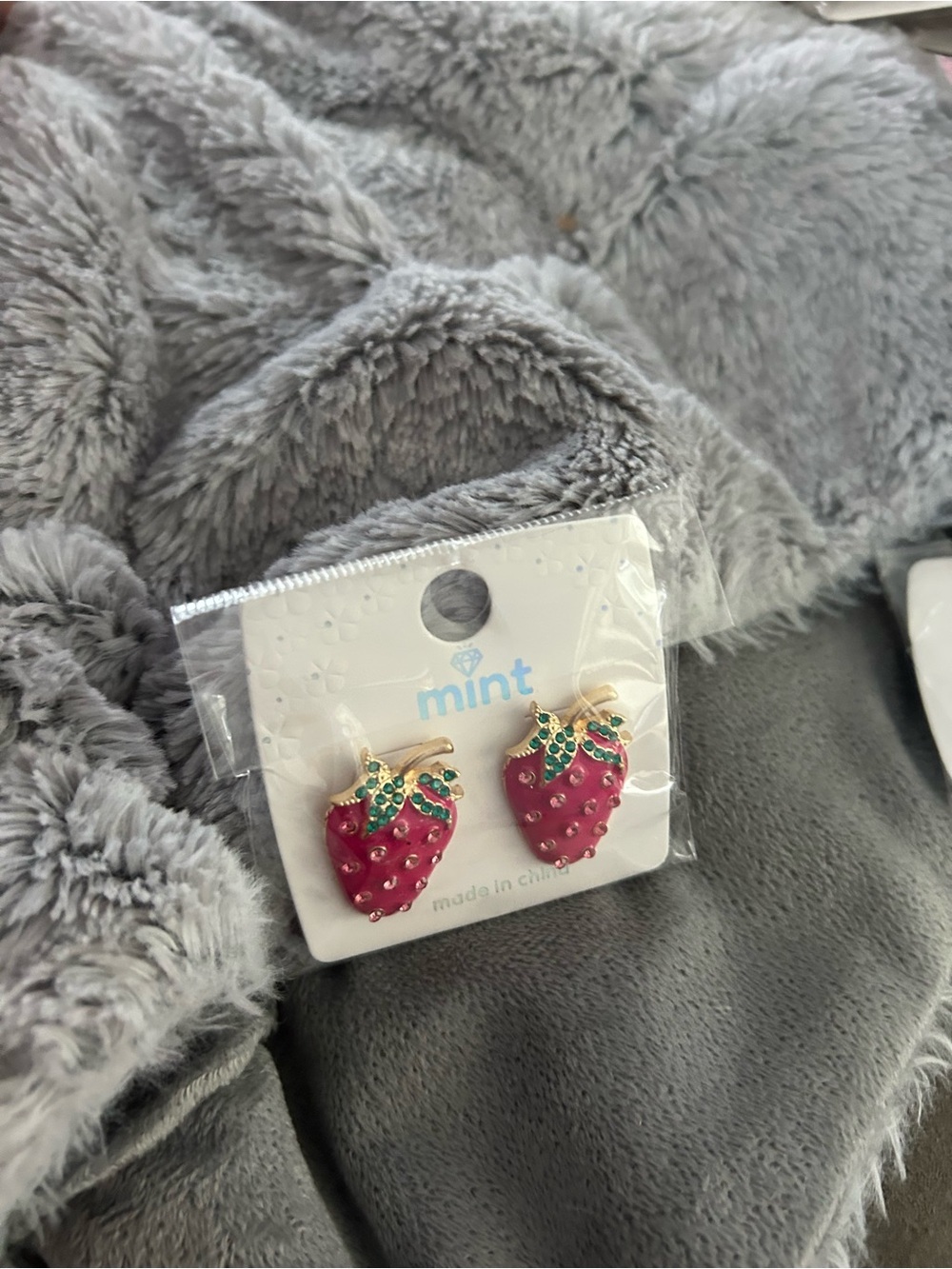 4/$50 Mint Pink Strawberry Stud Earrings with Green Leaf and Gold Accents